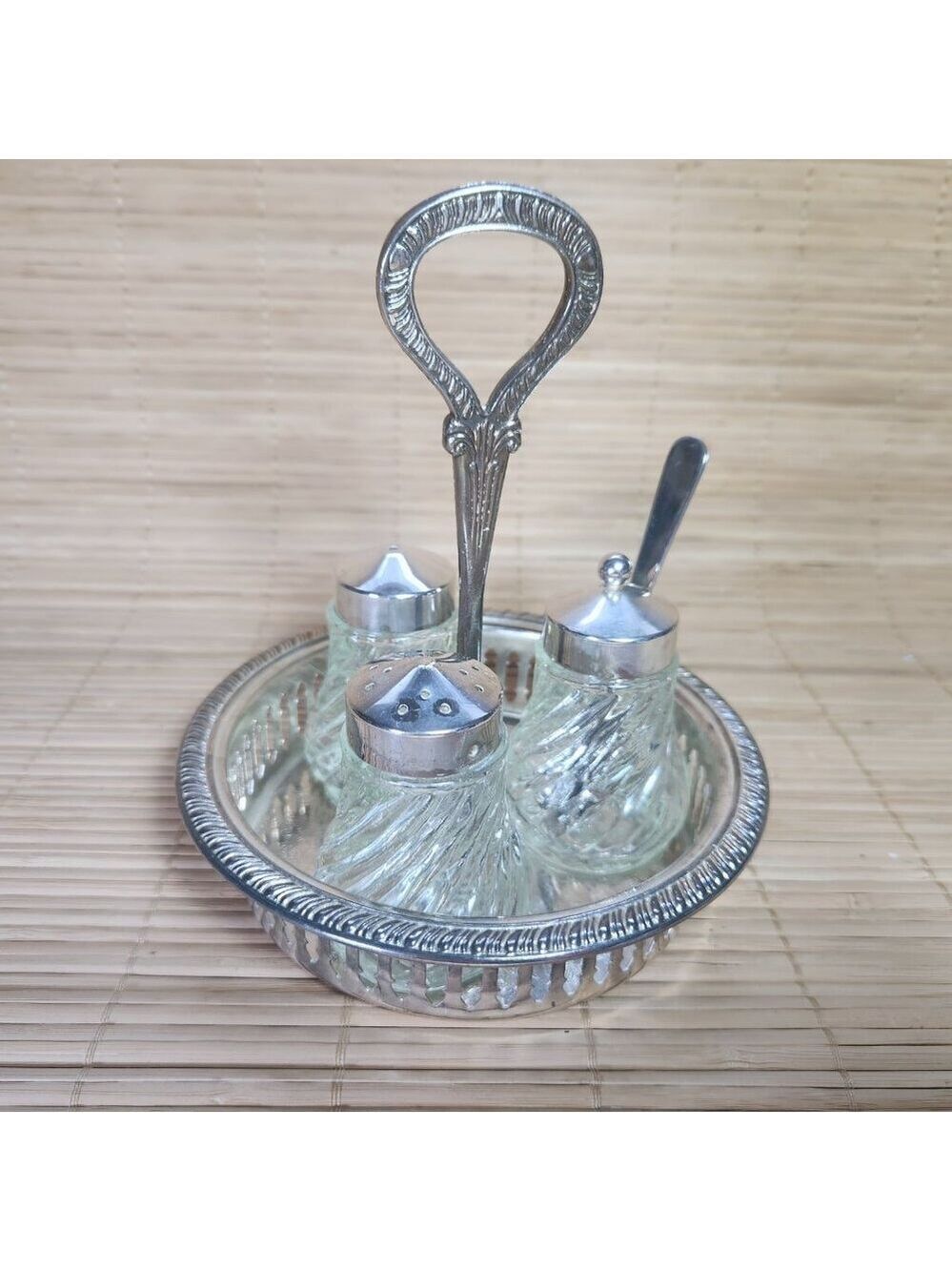 Vintage Hong Kong Salt Pepper Sugar Set Glass Jars Steel Caddy w Spoon